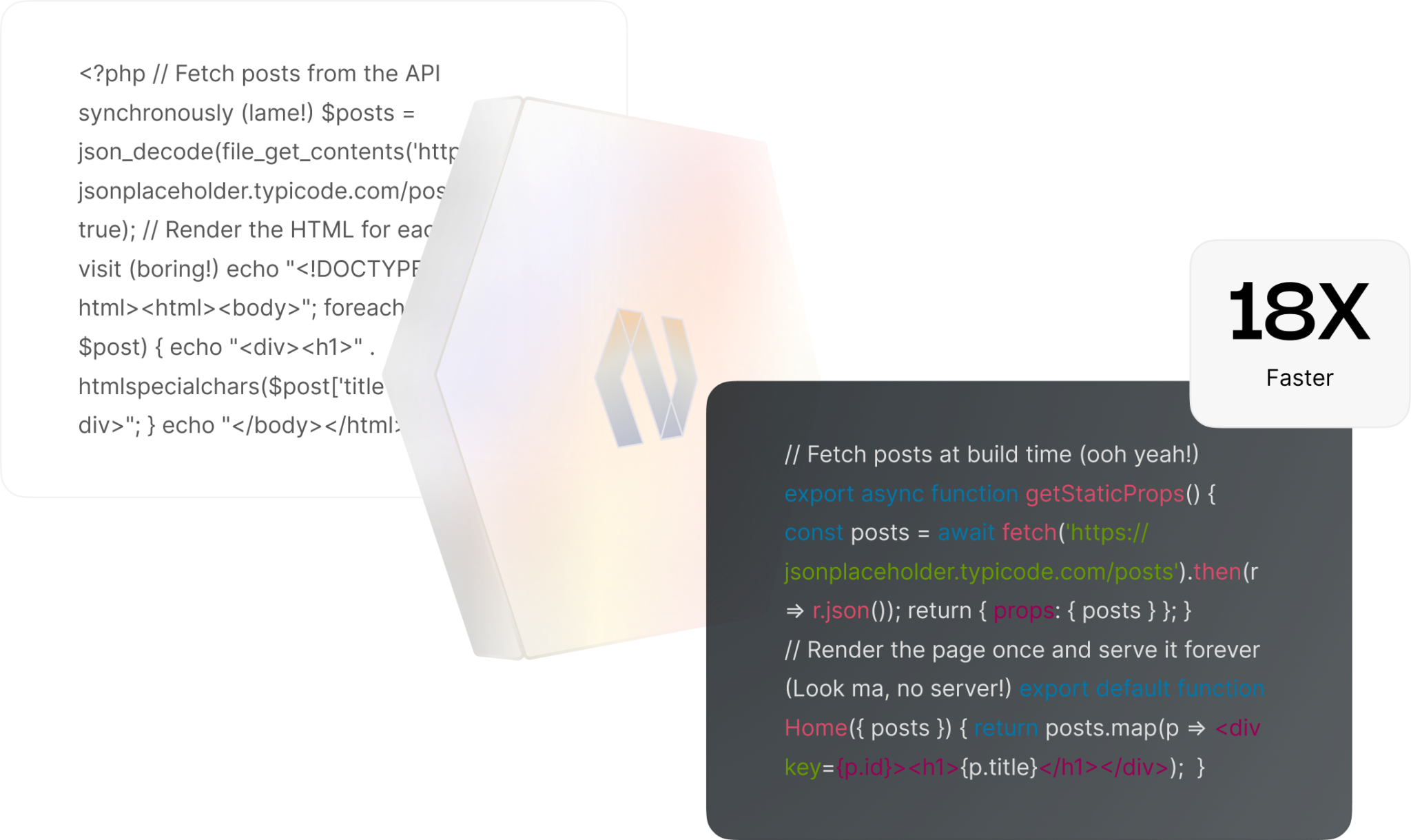 Code cards showing a WordPress page rendered 18 times faster in JavaScript