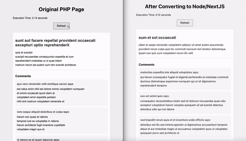 The same page loading in PHP and after converting to Node and Next.js